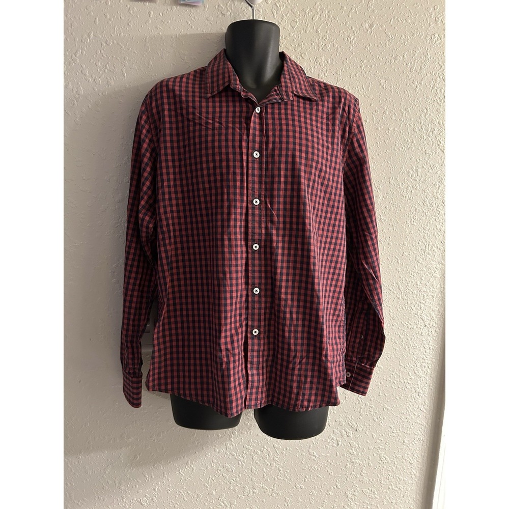 American Rag Mens Large Red Blue Gingham Long Sleeve Button Front Shirt L